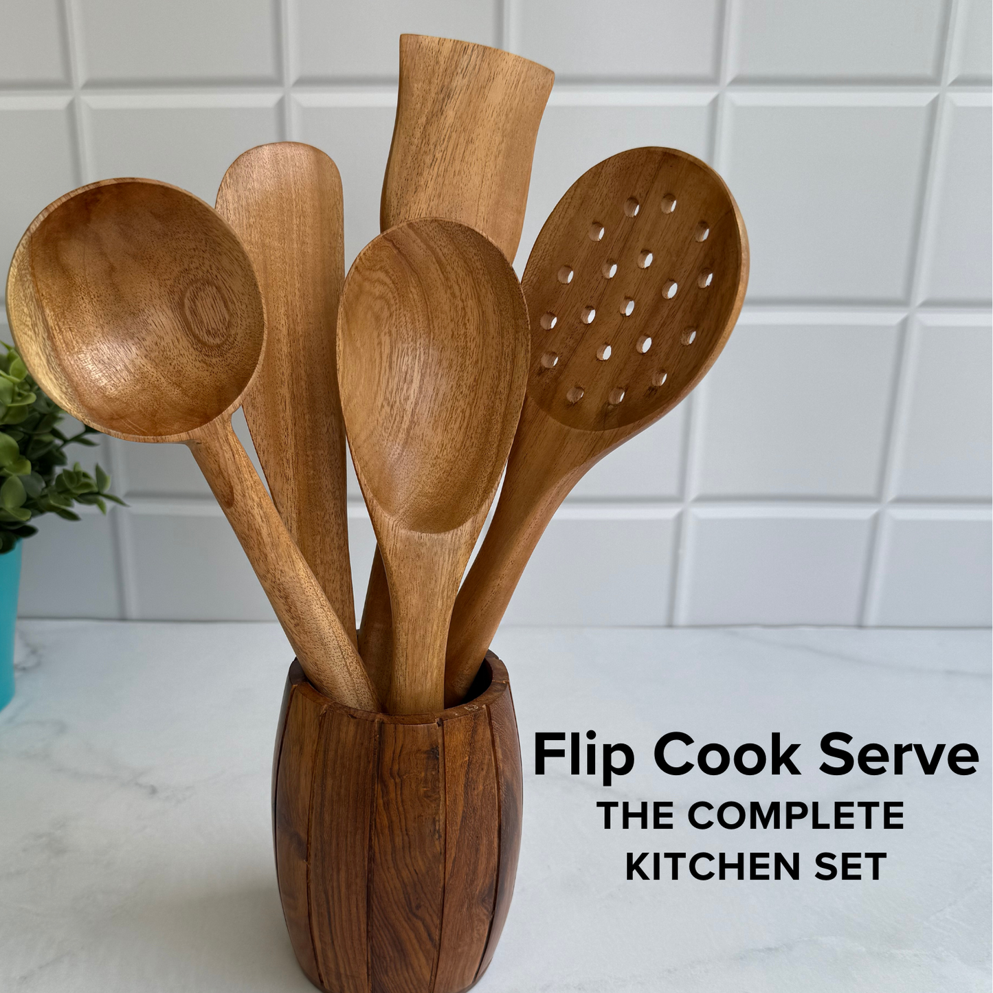 FiABLE Pure Neem Wood Spatula Set for Cooking, Baking and Mixing - Flip & Cook Set of 5