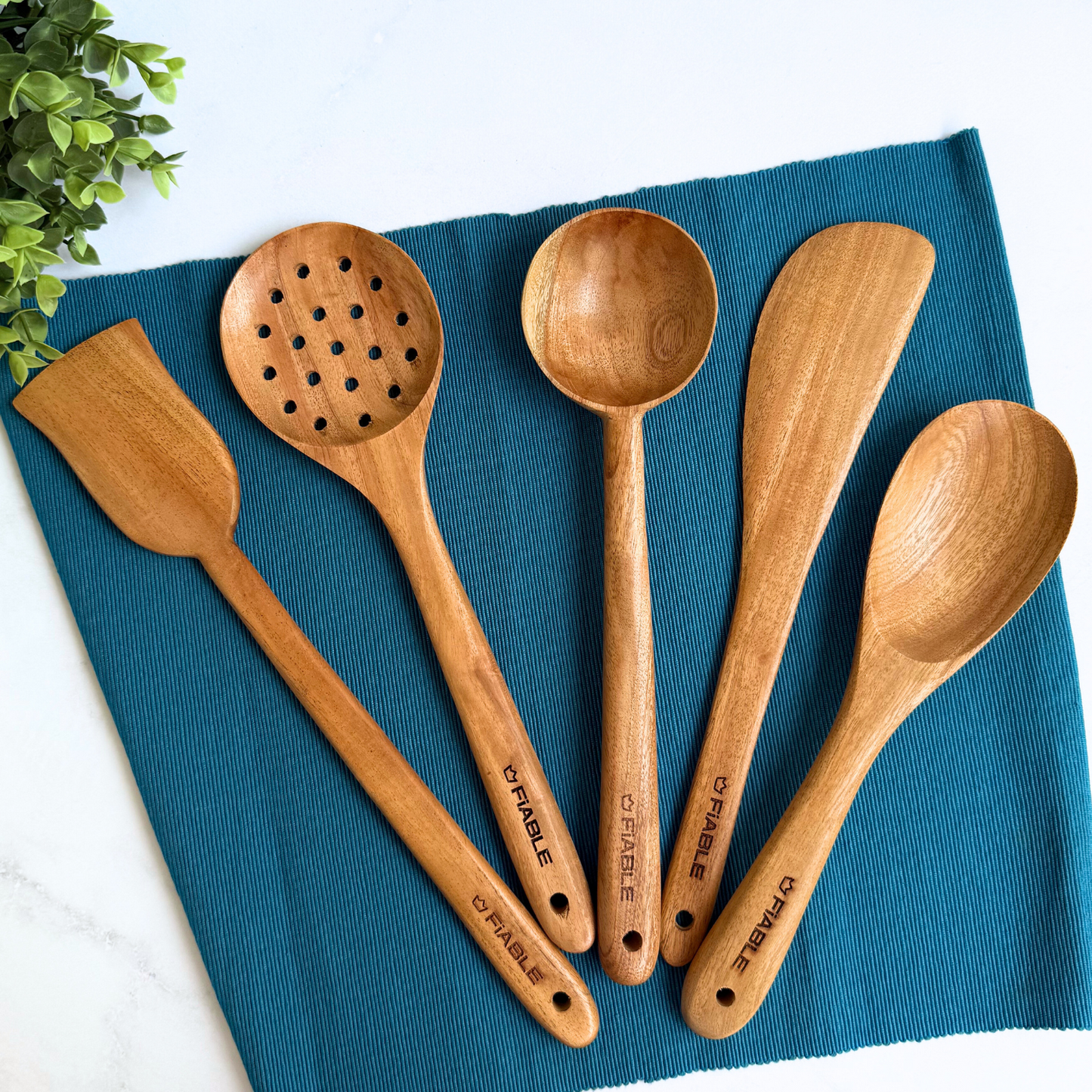 FiABLE Pure Neem Wood Spatula Set for Cooking, Baking and Mixing - Flip & Cook Set of 5