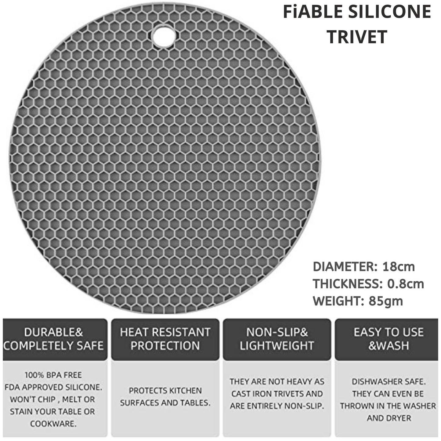 Premium Silicone Heat Resistant Round Trivets - Set of 3 - Grey