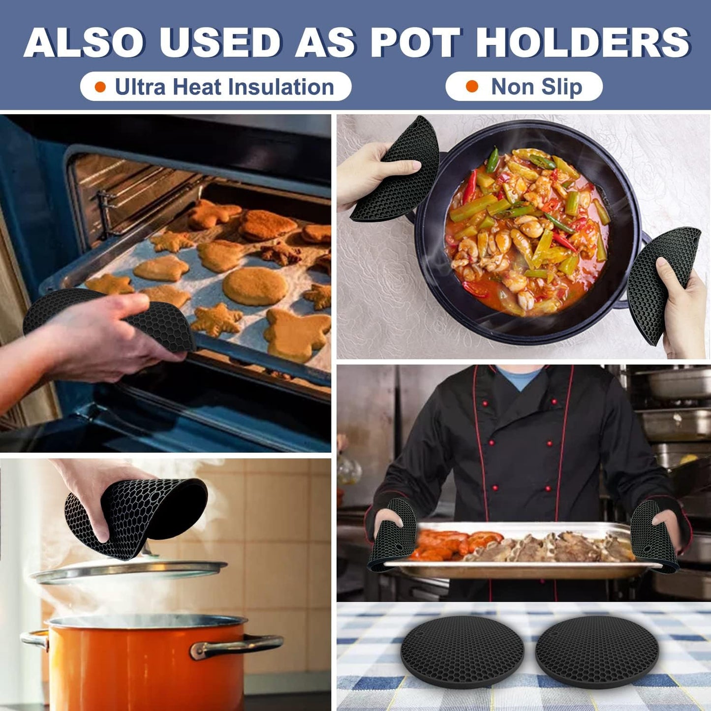 Premium Silicone Heat Resistant Round Trivets - Set of 3 - Black