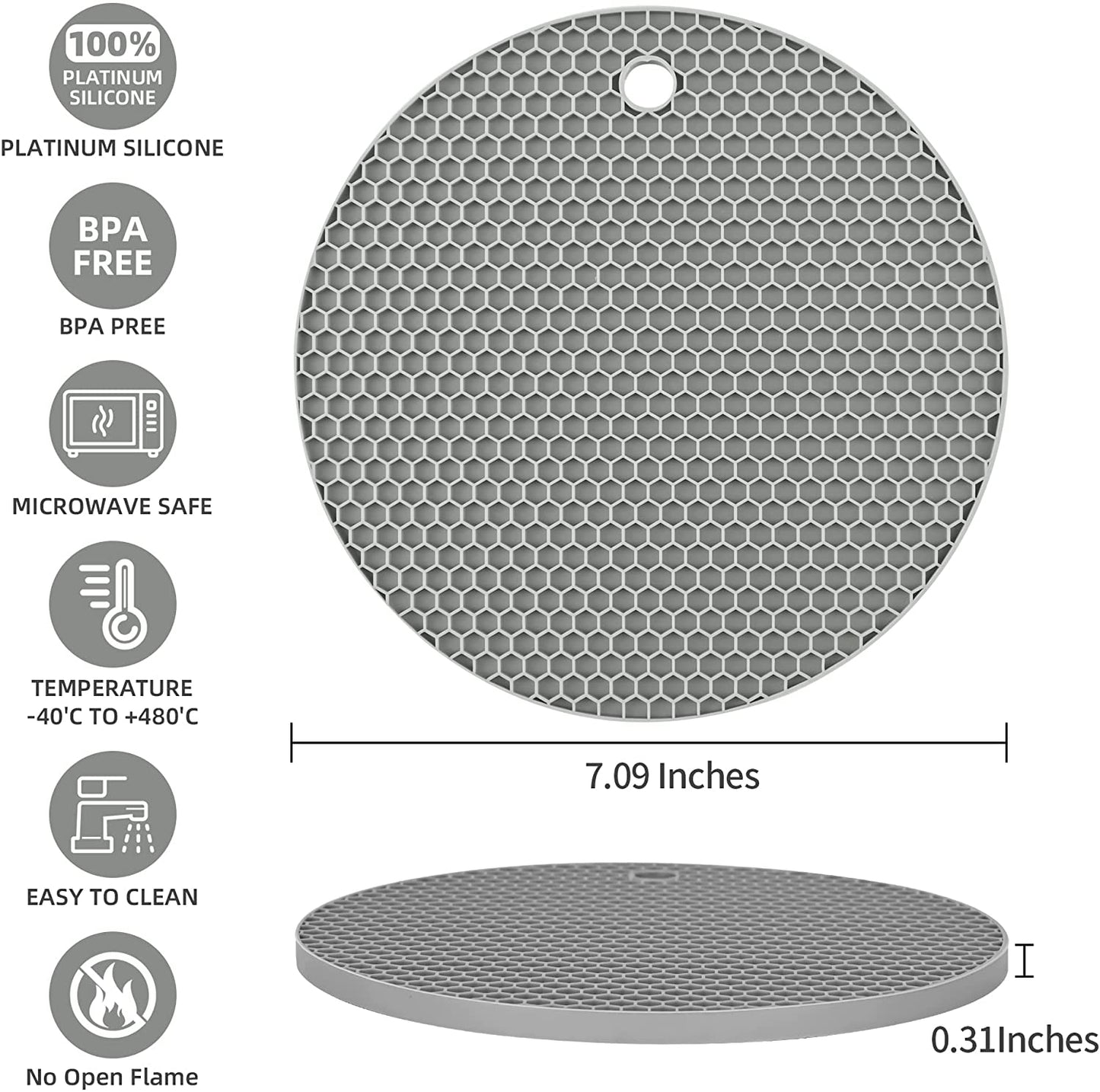Premium Silicone Heat Resistant Round Trivets - Set of 3 - Grey