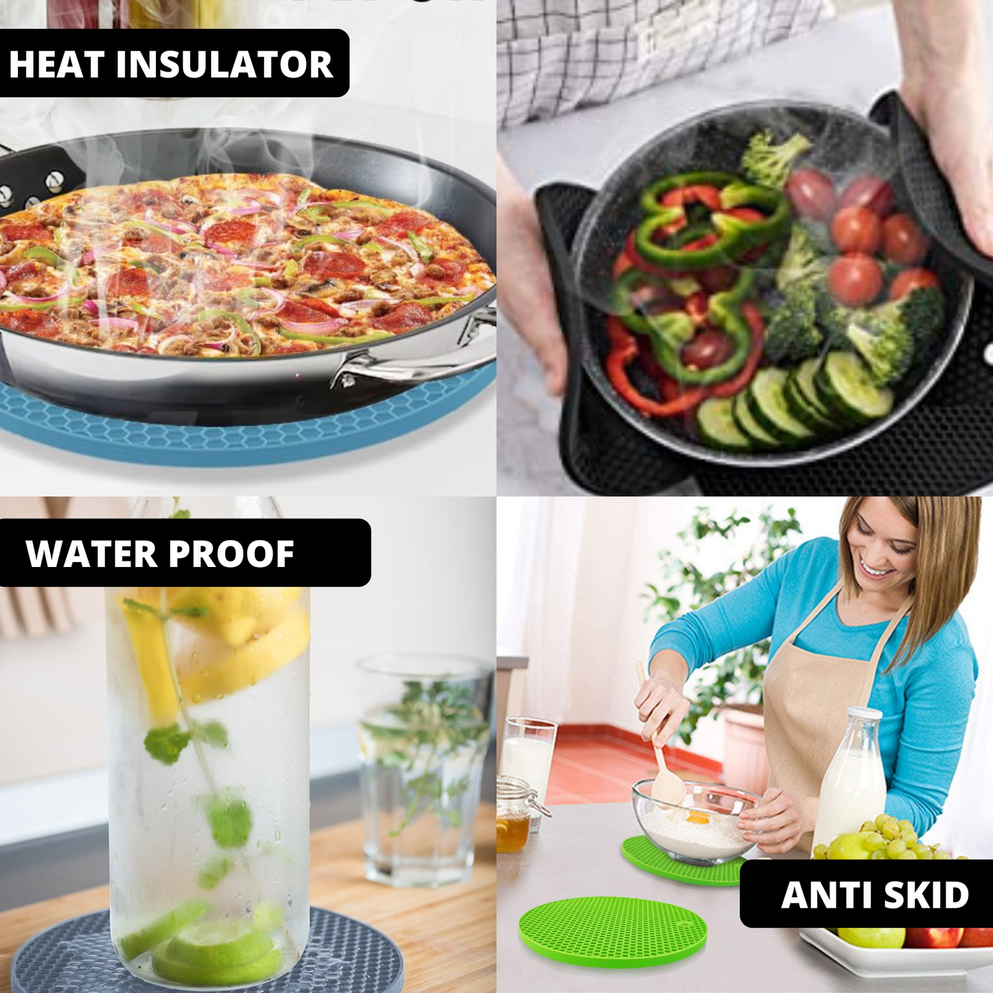 Premium Silicone Heat Resistant Round Trivets - Set of 3 - Green