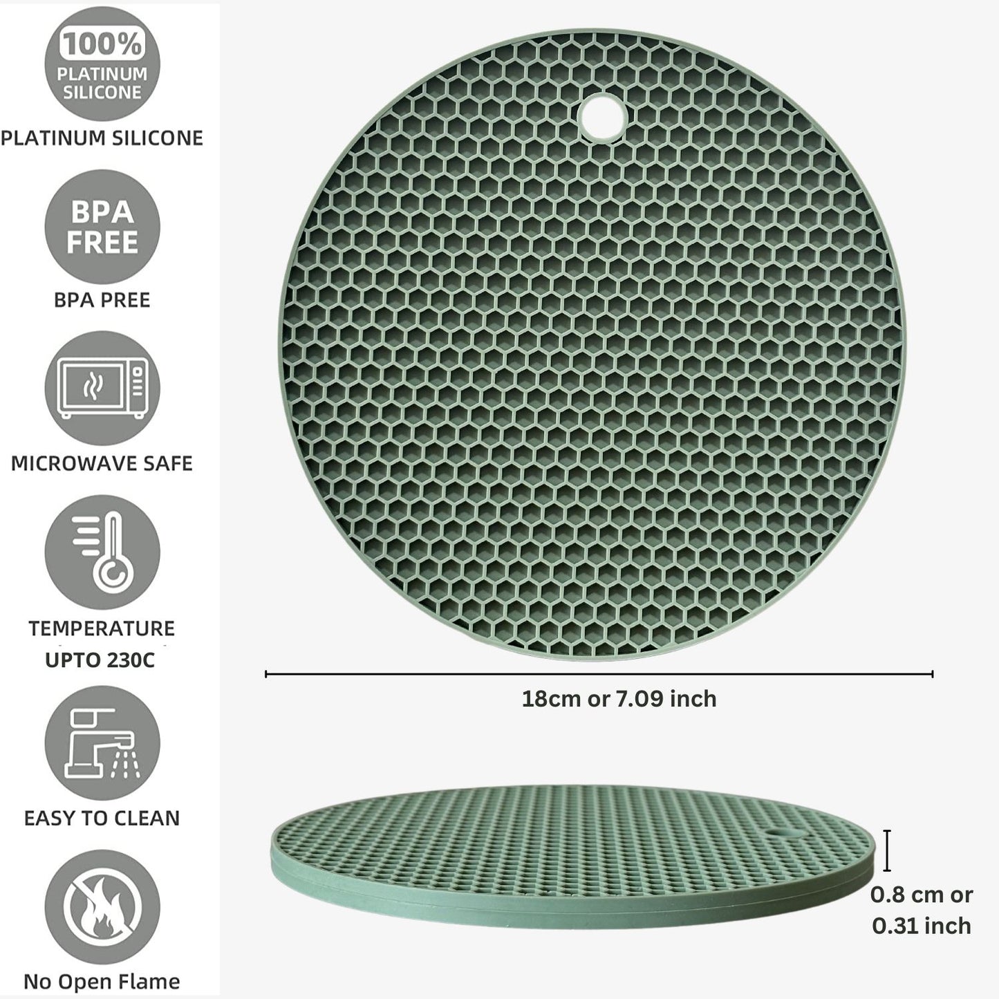 Premium Silicone Heat Resistant Round Trivets - Set of 3 - Green