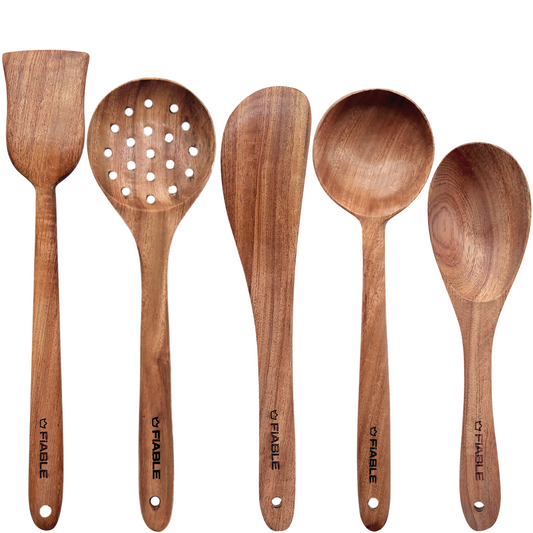 FiABLE Pure Neem Wood Spatula Set for Cooking, Baking and Mixing - Flip & Cook Set of 5