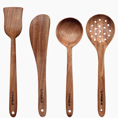 FiABLE Pure Neem Wood Spatula Set for Cooking, Baking and Mixing - Flip & Cook Set of 4