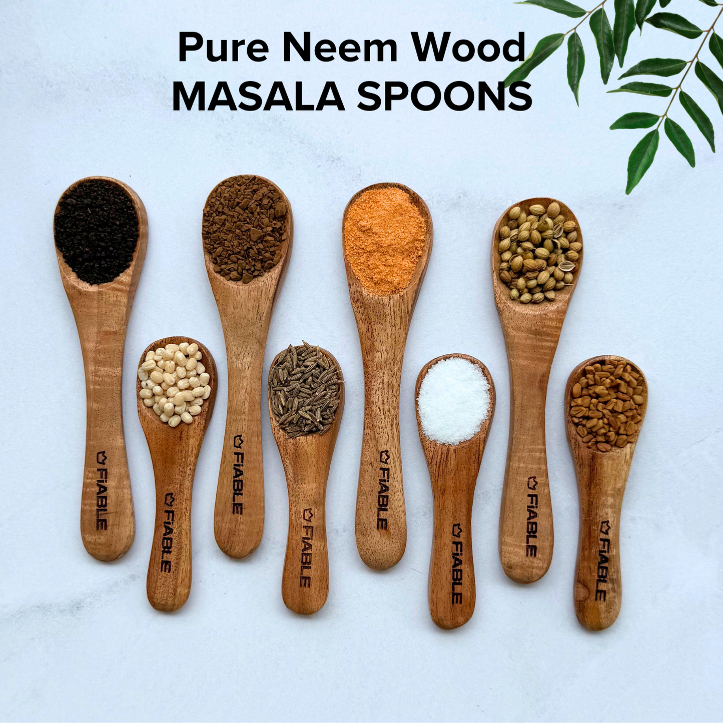 Fiable Neem Wood Masala Spoon set of 8 - 4small and 4 medium