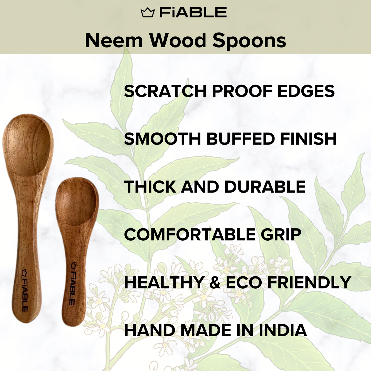 Fiable Neem Wood Masala Spoon set of 8 - 4small and 4 medium
