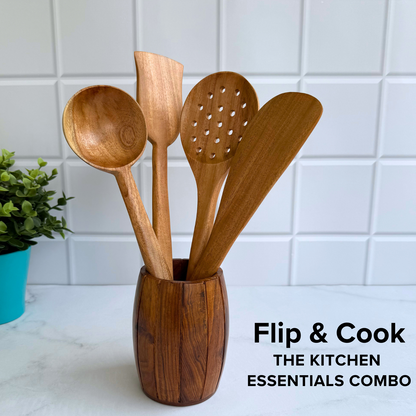 FiABLE Pure Neem Wood Spatula Set for Cooking, Baking and Mixing - Flip & Cook Set of 4