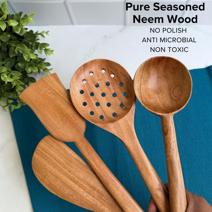 FiABLE Pure Neem Wood Spatula Set for Cooking, Baking and Mixing - Flip & Cook Set of 4