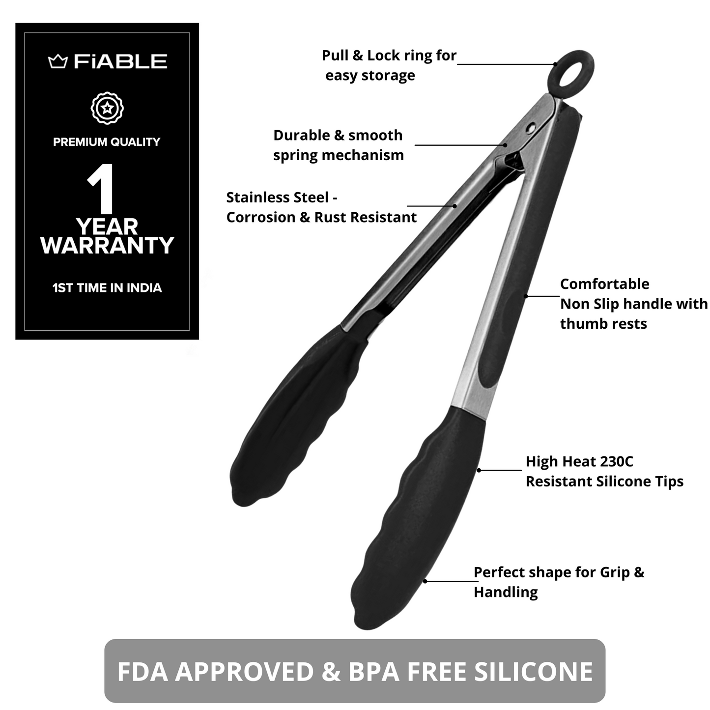 Stainless Steel Tongs with Silicone Tips 10inch - Black