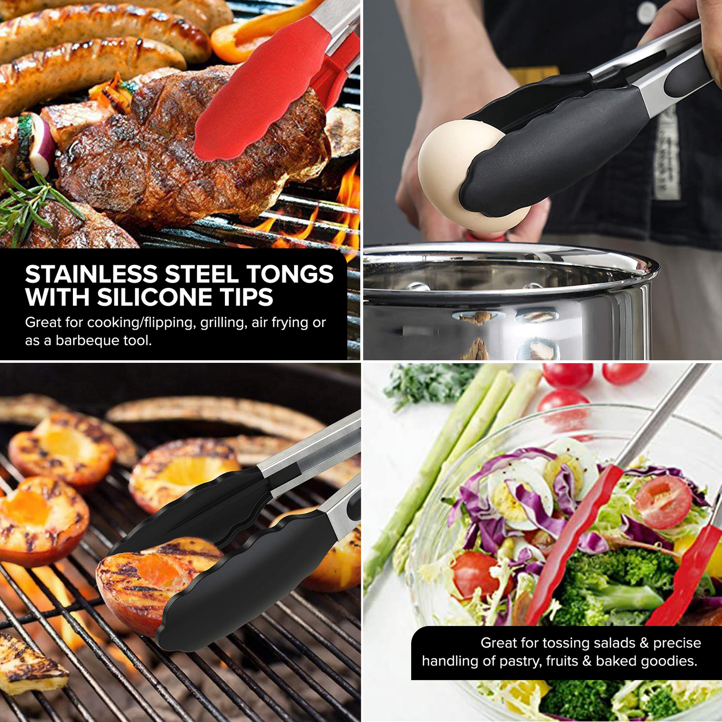 Stainless Steel Tongs with Silicone Tips 10inch - Black