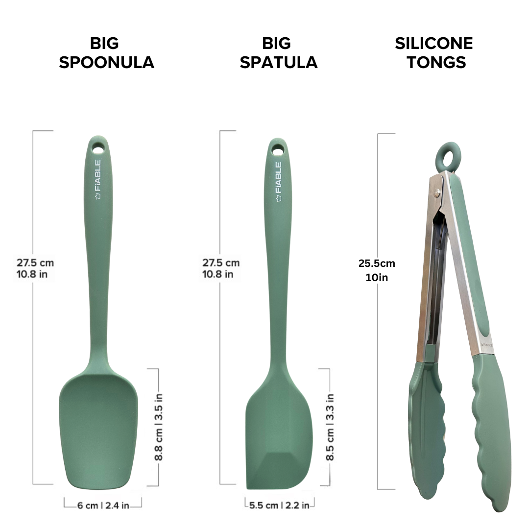 Premium Silicone Tong and Spatula - Set of 3 Green