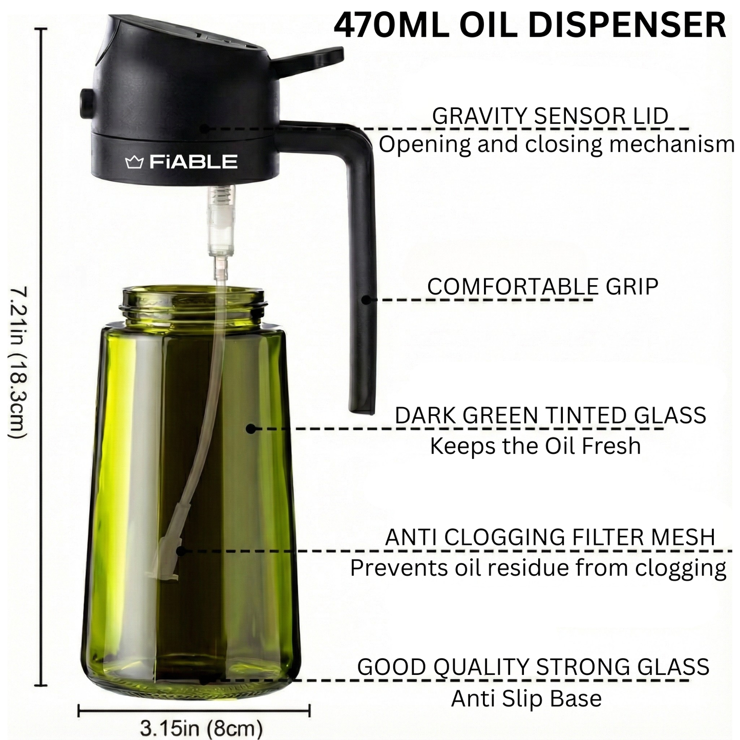 FiABLE Premium Glass Oil Sprayer and Pourer for Airfryer, Salads, Cooking - 470ml