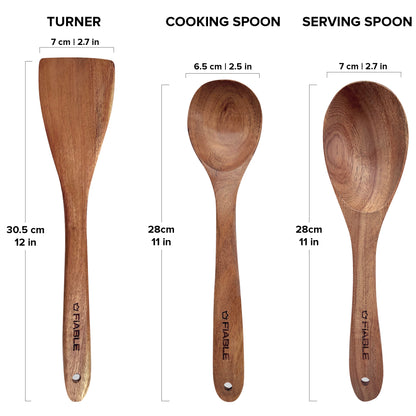 FiABLE Pure Neem Wood Spatula Set for Cooking, Mixing & Serving - Cooking Set of 3