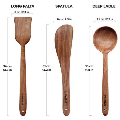 FiABLE Pure Neem Wood Spatula Set for Cooking, Baking and Mixing - Flip & Serve Set of 3