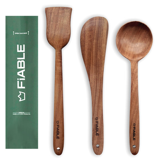 FiABLE Pure Neem Wood Spatula Set for Cooking, Baking and Mixing - Flip & Serve Set of 3