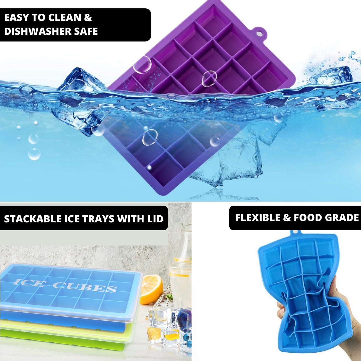 FiABLE Premium Silicone Ice Tray with Lid - 1inch cubes- Set of 2 Trays