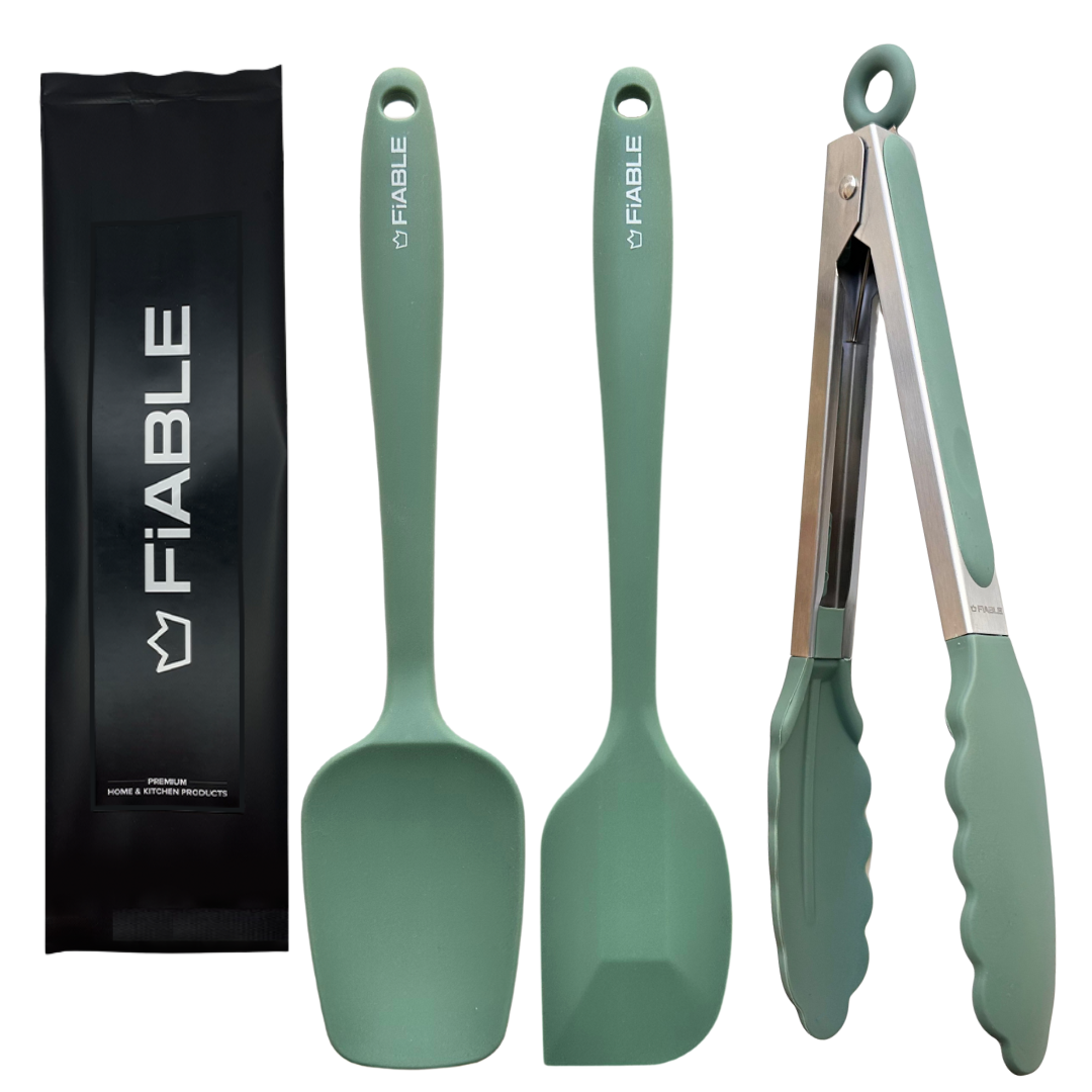 Premium Silicone Tong and Spatula - Set of 3 Green