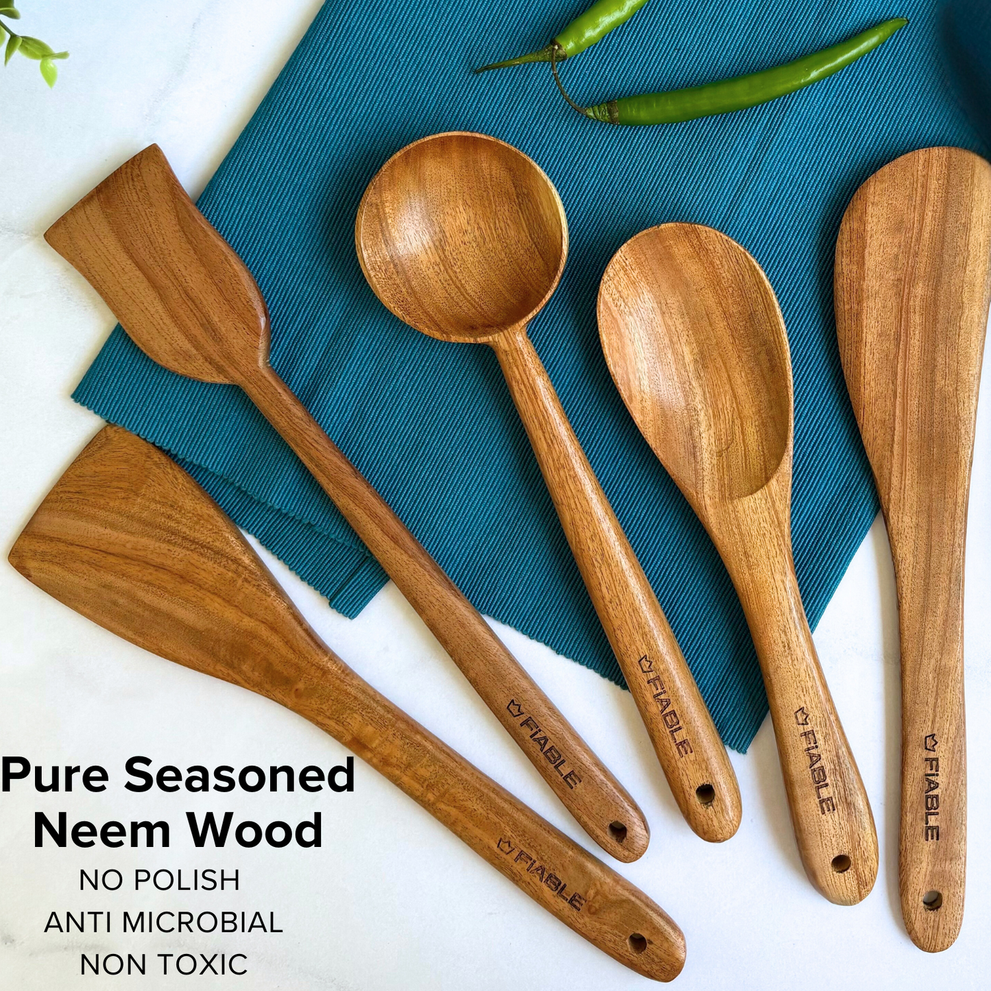 FiABLE Pure Neem Wood Spatula Set for Cooking, Baking and Mixing - Flip, Cook & Serve Set of 5 (Copy)