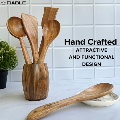 FiABLE Pure Neem Wood Spatula Set for Cooking, Mixing & Serving - Cooking Set of 3