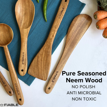 FiABLE Pure Neem Wood Spatula Set for Cooking, Mixing & Serving - Cooking Set of 3