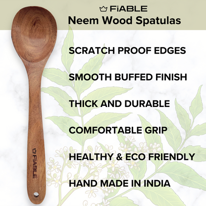 FiABLE Pure Neem Wood Spatula Set for Cooking, Mixing & Serving - Cooking Set of 3