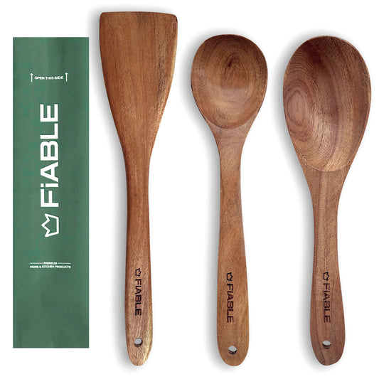 FiABLE Pure Neem Wood Spatula Set for Cooking, Mixing & Serving - Cooking Set of 3