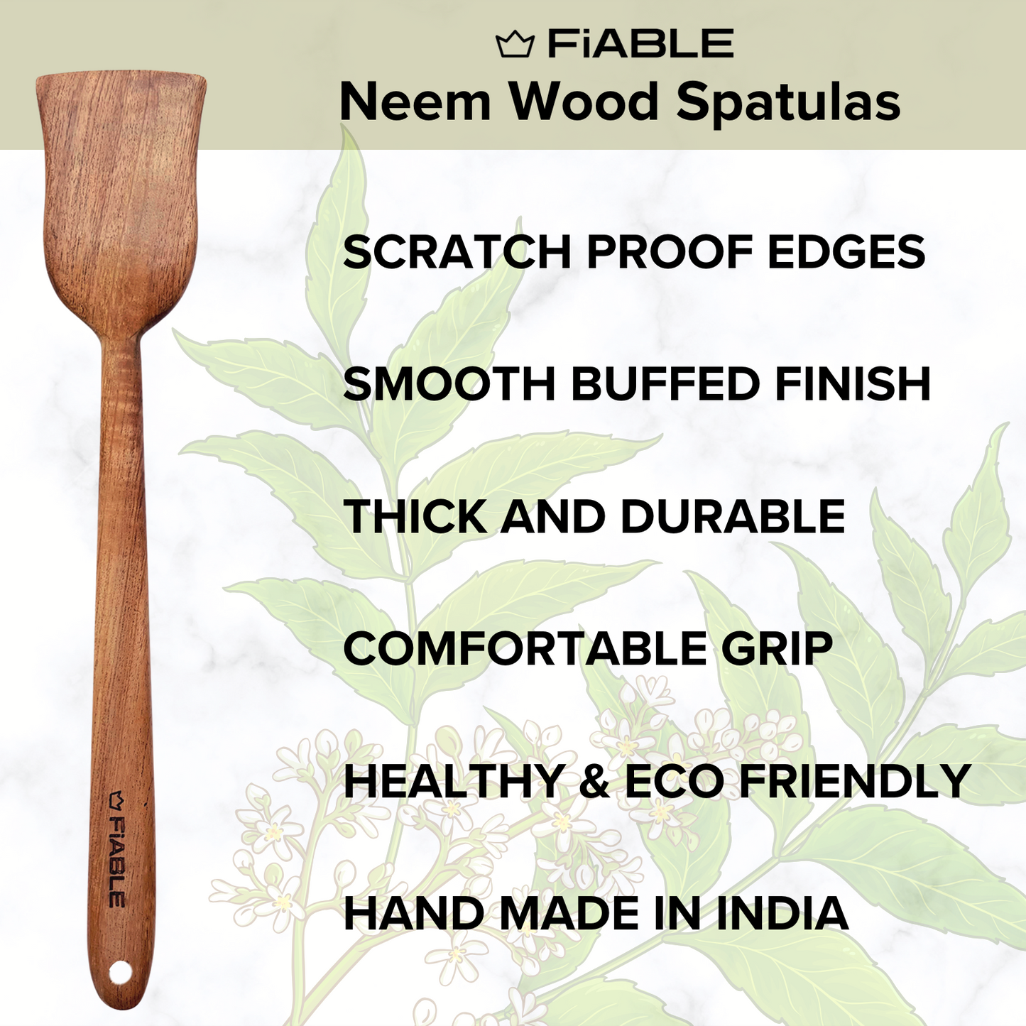 FiABLE Pure Neem Wood Spatula Set for Cooking, Baking and Mixing - Flip, Cook & Serve Set of 5 (Copy)
